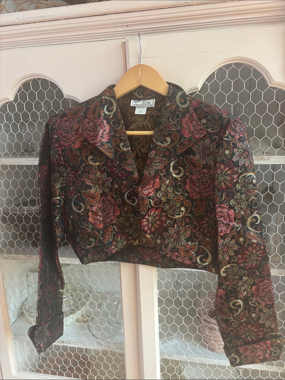 Vintage Floral Cropped tapestry Jacket bolero- Black with pink & Gold Accents